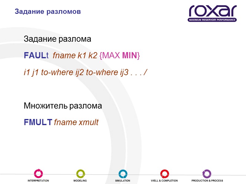 Задание разлома FAULt  fname k1 k2 {MAX MIN}  i1 j1 to-where ij2